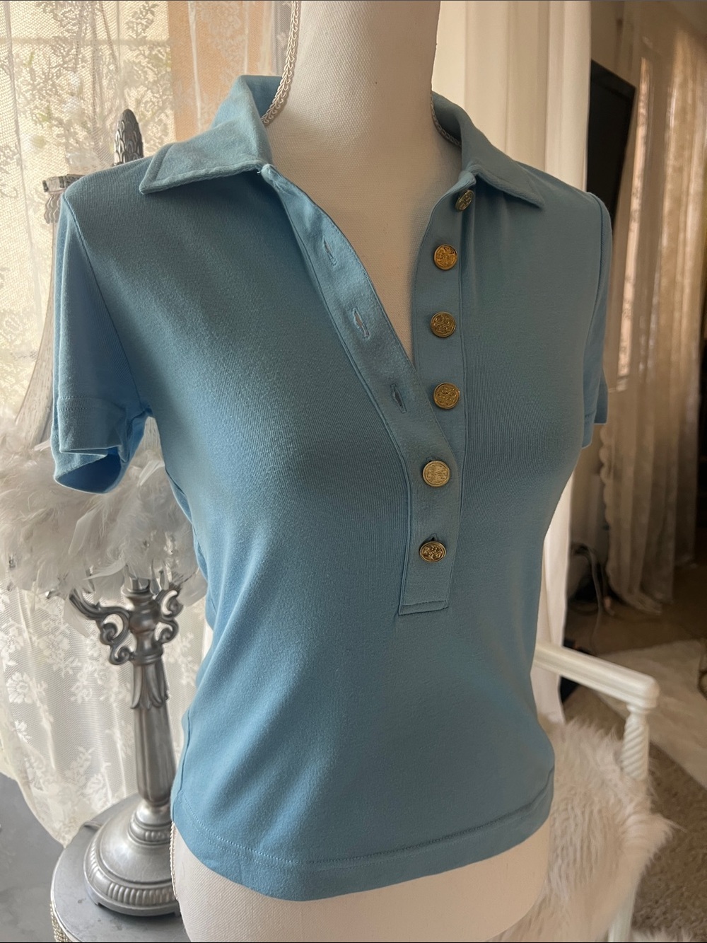 Tory Burch Light Blue Short-Sleeve Button Polo with Gold Buttons